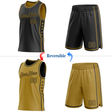 Custom Reversible Black Old Gold Double Side Star Sublimation Basketball Suit Jersey