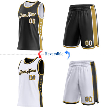 Custom Reversible Black White-Old Gold Double Side Star Sublimation Basketball Suit Jersey