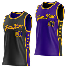 Load image into Gallery viewer, Custom Reversible Black Purple-Gold Double Side Star Sublimation Basketball Suit Jersey
