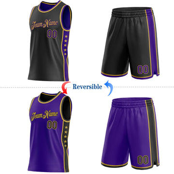 Custom Reversible Black Purple-Old Gold Double Side Star Sublimation Basketball Suit Jersey