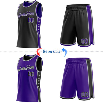 Custom Reversible Black Purple-Gray Double Side Star Sublimation Basketball Suit Jersey