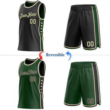 Custom Reversible Black Cream-Green Double Side Star Sublimation Basketball Suit Jersey