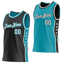 Laden Sie das Bild in den Galerie-Viewer, Custom Reversible Black White-Teal Double Side Star Sublimation Basketball Suit Jersey
