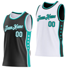 Laden Sie das Bild in den Galerie-Viewer, Custom Reversible Black White-Aqua Double Side Star Sublimation Basketball Suit Jersey
