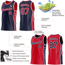 Laden Sie das Bild in den Galerie-Viewer, Custom Reversible Navy Red-White Double Side Star Sublimation Basketball Suit Jersey
