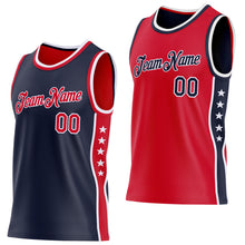 Laden Sie das Bild in den Galerie-Viewer, Custom Reversible Navy Red-White Double Side Star Sublimation Basketball Suit Jersey
