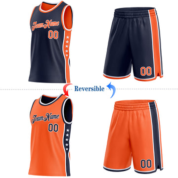 Custom Reversible Navy Orange-White Double Side Star Sublimation Basketball Suit Jersey