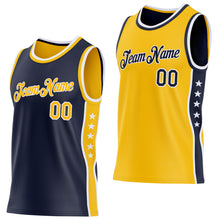 Laden Sie das Bild in den Galerie-Viewer, Custom Reversible Navy Gold-White Double Side Star Sublimation Basketball Suit Jersey

