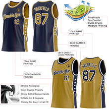 Load image into Gallery viewer, Custom Reversible Navy Old Gold-White Double Side Star Sublimation Basketball Suit Jersey
