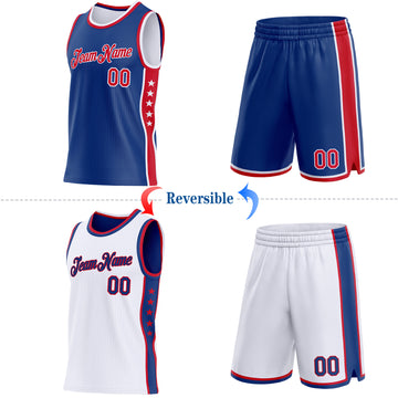 Custom Reversible Royal Red-White Double Side Star Sublimation Basketball Suit Jersey