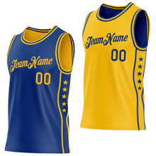 Загрузить изображение в средство просмотра галереи, Custom Reversible Royal Gold Double Side Star Sublimation Basketball Suit Jersey
