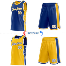 Laden Sie das Bild in den Galerie-Viewer, Custom Reversible Royal White-Gold Double Side Star Sublimation Basketball Suit Jersey
