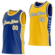 Laden Sie das Bild in den Galerie-Viewer, Custom Reversible Royal White-Gold Double Side Star Sublimation Basketball Suit Jersey
