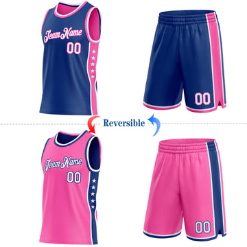 Custom Reversible Royal White-Pink Double Side Star Sublimation Basketball Suit Jersey
