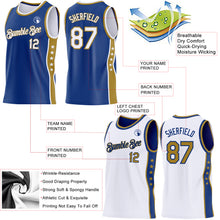 Laden Sie das Bild in den Galerie-Viewer, Custom Reversible Royal White-Old Gold Double Side Star Sublimation Basketball Suit Jersey
