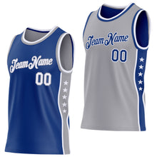 Laden Sie das Bild in den Galerie-Viewer, Custom Reversible Royal White-Gray Double Side Star Sublimation Basketball Suit Jersey
