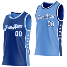 Laden Sie das Bild in den Galerie-Viewer, Custom Reversible Royal White-Lakes Blue Double Side Star Sublimation Basketball Suit Jersey
