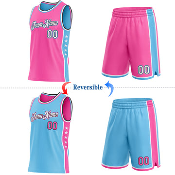 Custom Reversible Pink White Sky Blue-Black Double Side Star Sublimation Basketball Suit Jersey