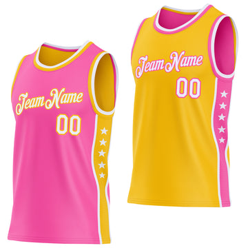 Custom Reversible Pink White-Gold Double Side Star Sublimation Basketball Suit Jersey