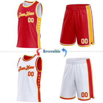 Custom Reversible Red White-Gold Double Side Star Sublimation Basketball Suit Jersey