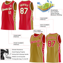 Laden Sie das Bild in den Galerie-Viewer, Custom Reversible Red White-Old Gold Double Side Star Sublimation Basketball Suit Jersey
