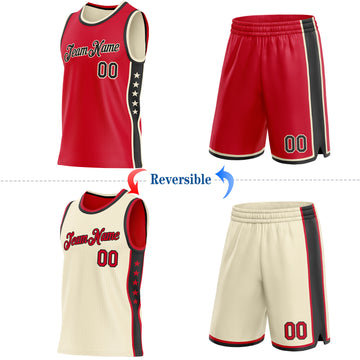 Custom Reversible Red Black-Cream Double Side Star Sublimation Basketball Suit Jersey