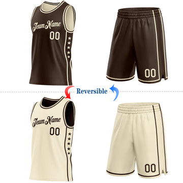 Custom Reversible Brown Cream Double Side Star Sublimation Basketball Suit Jersey