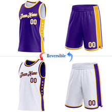 Charger l'image dans la galerie, Custom Reversible Purple White-Gold Double Side Star Sublimation Basketball Suit Jersey
