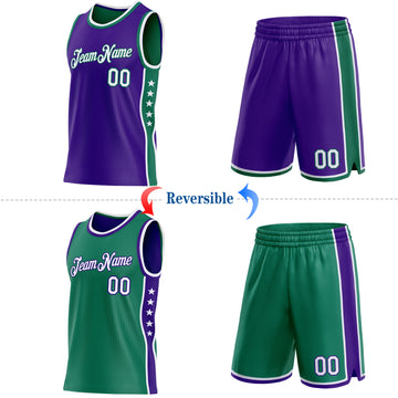 Custom Reversible Purple White-Kelly Green Double Side Star Sublimation Basketball Suit Jersey