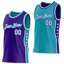 Laden Sie das Bild in den Galerie-Viewer, Custom Reversible Purple White-Teal Double Side Star Sublimation Basketball Suit Jersey
