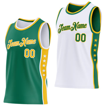 Custom Reversible Kelly Green Gold-White Double Side Star Sublimation Basketball Suit Jersey