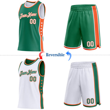 Custom Reversible Kelly Green White-Orange Double Side Star Sublimation Basketball Suit Jersey