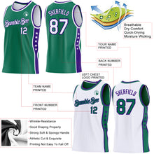 Laden Sie das Bild in den Galerie-Viewer, Custom Reversible Kelly Green White-Purple Double Side Star Sublimation Basketball Suit Jersey
