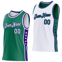 Laden Sie das Bild in den Galerie-Viewer, Custom Reversible Kelly Green White-Purple Double Side Star Sublimation Basketball Suit Jersey
