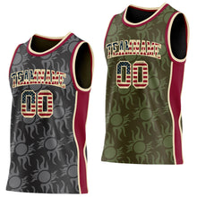 Load image into Gallery viewer, Custom Black(Olive) Vintage USA Flag Cream-Maroon Side Panel Stripe Sun Flame Reversible Double Side Sublimation Basketball Set Jersey

