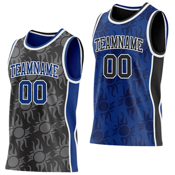 Custom Black Royal-White Side Panel Stripe Sun Flame Reversible Double Side Sublimation Basketball Set Jersey