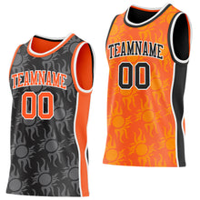 Laden Sie das Bild in den Galerie-Viewer, Custom Black Orange-White Side Panel Stripe Sun Flame Reversible Double Side Sublimation Basketball Set Jersey
