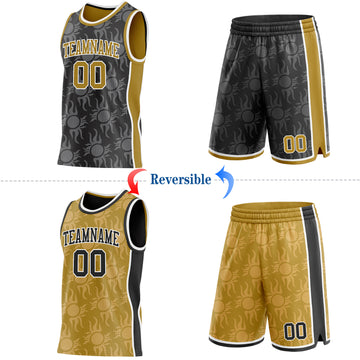 Custom Black Old Gold-White Side Panel Stripe Sun Flame Reversible Double Side Sublimation Basketball Set Jersey