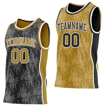 Custom Black Old Gold-White Side Panel Stripe Sun Flame Reversible Double Side Sublimation Basketball Set Jersey