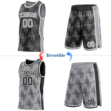 Custom Black Gray-White Side Panel Stripe Sun Flame Reversible Double Side Sublimation Basketball Set Jersey