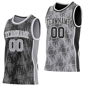 Custom Black Gray-White Side Panel Stripe Sun Flame Reversible Double Side Sublimation Basketball Set Jersey