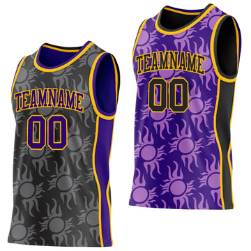 Custom Black Purple-Gold Side Panel Stripe Sun Flame Reversible Double Side Sublimation Basketball Set Jersey