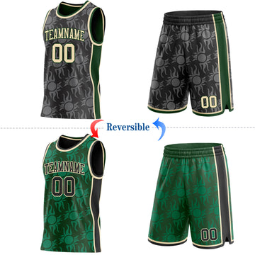 Custom Black Cream-Green Side Panel Stripe Sun Flame Reversible Double Side Sublimation Basketball Set Jersey