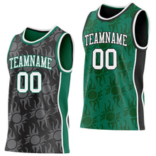 Laden Sie das Bild in den Galerie-Viewer, Custom Black White-Kelly Green Side Panel Stripe Sun Flame Reversible Double Side Sublimation Basketball Set Jersey

