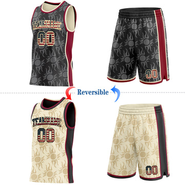 Custom Black Vintage USA Flag Cream-Maroon Side Panel Stripe Sun Flame Reversible Double Side Sublimation Basketball Set Jersey