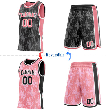 Custom Black Medium Pink-White Side Panel Stripe Sun Flame Reversible Double Side Sublimation Basketball Set Jersey