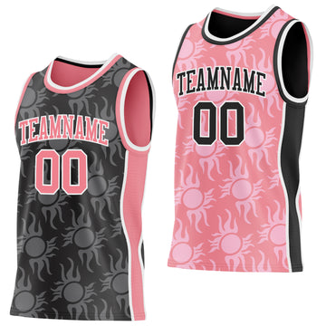 Custom Black Medium Pink-White Side Panel Stripe Sun Flame Reversible Double Side Sublimation Basketball Set Jersey