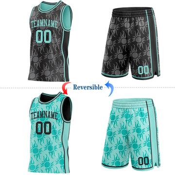 Custom Black-Ice Blue Side Panel Stripe Sun Flame Reversible Double Side Sublimation Basketball Set Jersey