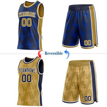 Custom Navy Old Gold-White Side Panel Stripe Sun Flame Reversible Double Side Sublimation Basketball Set Jersey