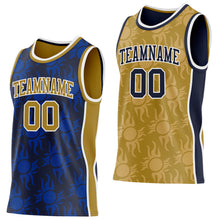 Load image into Gallery viewer, Custom Navy Old Gold-White Side Panel Stripe Sun Flame Reversible Double Side Sublimation Basketball Set Jersey
